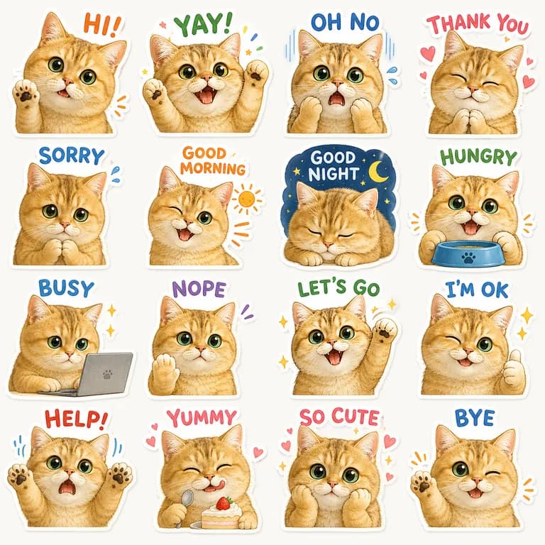 Generated 4 by 4 cat sticker sheet